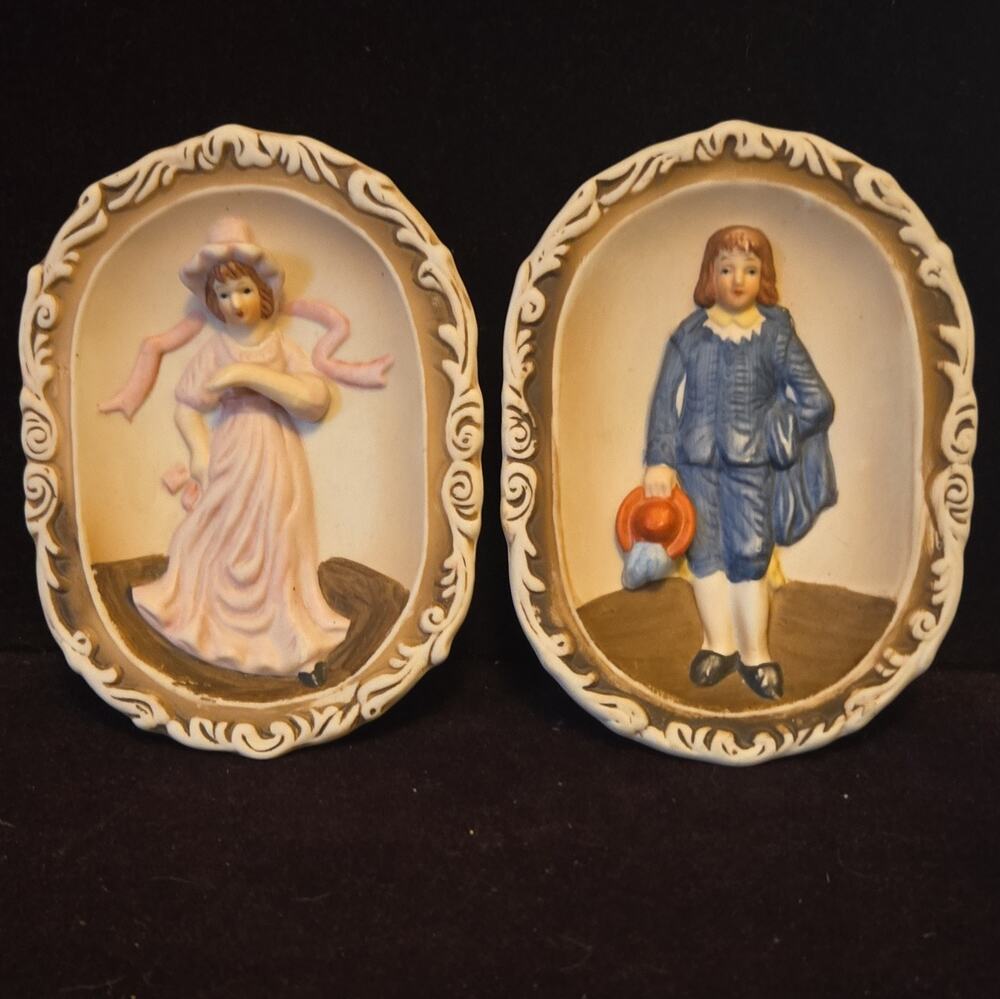 Set of 2 Lefton Oval Ceramic Wall Hanging Plaques Raised Relief